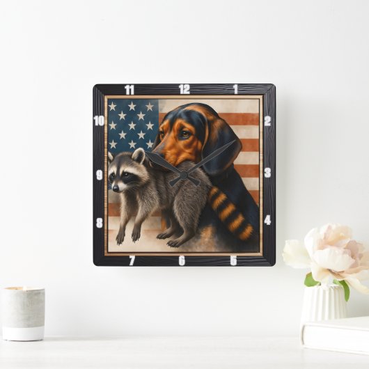 Beagle Raccoon Amerikaanse vlag Vierkante Klok (Huis)