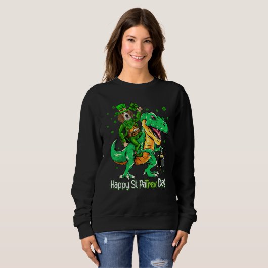 Beagle Riding Dinosaur Patricks Day Shamrock Trui (Voorkant volledig)