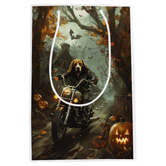 Beagle rijden motorfiets Halloween eng Medium Cadeauzakje (Voorkant)