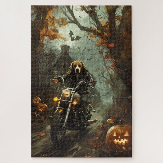 Beagle Rijdende Motorfiets Halloween Griezelen Legpuzzel (Verticaal)
