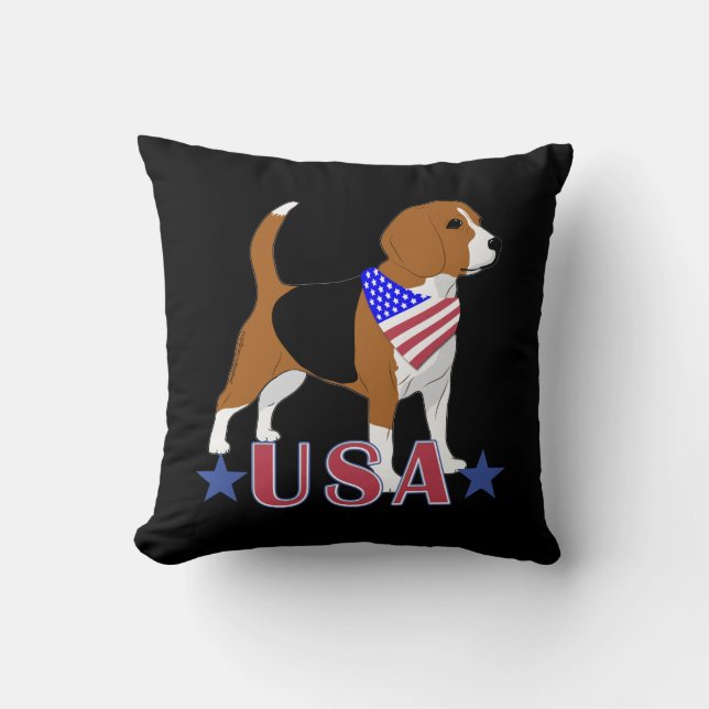 Beagle Rood Wit Blauw USA Patriottisch Zwart Kussen (Voorkant)