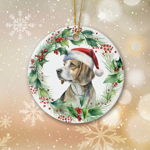 Beagle Santa Hat Holly Krans Kerstmis Keramisch Ornament