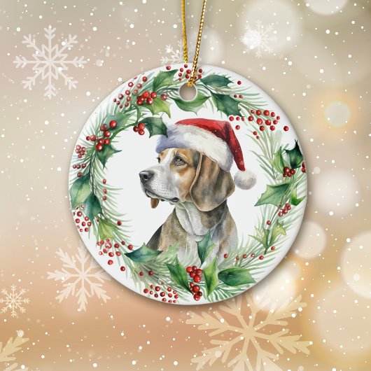 Beagle Santa Hat Holly Krans Kerstmis Keramisch Ornament