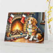 Beagle Sitting by Fireplace with Christmas Lights Kaart (Gele Bloem)