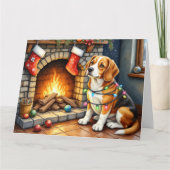 Beagle Sitting by Fireplace with Christmas Lights Kaart (Voorkant)