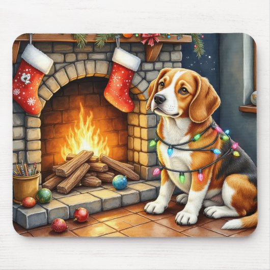 Beagle Sitting by Fireplace with Christmas Lights Muismat (Voorkant)