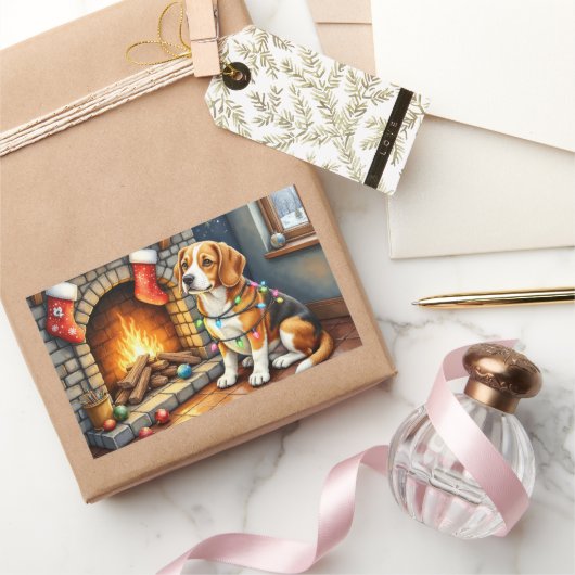 Beagle Sitting by Fireplace with Christmas Lights Rechthoekige Sticker (Geschenken)