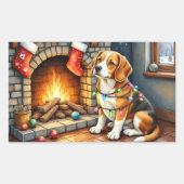 Beagle Sitting by Fireplace with Christmas Lights Rechthoekige Sticker (Voorkant)