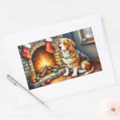 Beagle Sitting by Fireplace with Christmas Lights Rechthoekige Sticker (Envelop)
