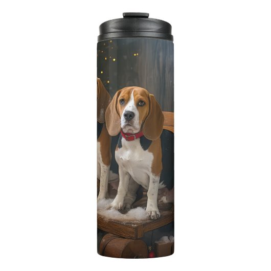 Beagle Sneeuw slee Kerst Decoratie Thermosbeker (Voorkant)