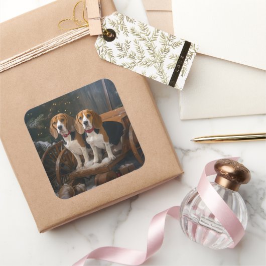 Beagle Sneeuw slee Kerst Decoratie Vierkante Sticker (Geschenken)