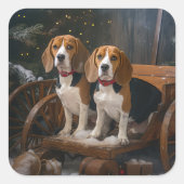 Beagle Sneeuw slee Kerst Decoratie Vierkante Sticker (Voorkant)