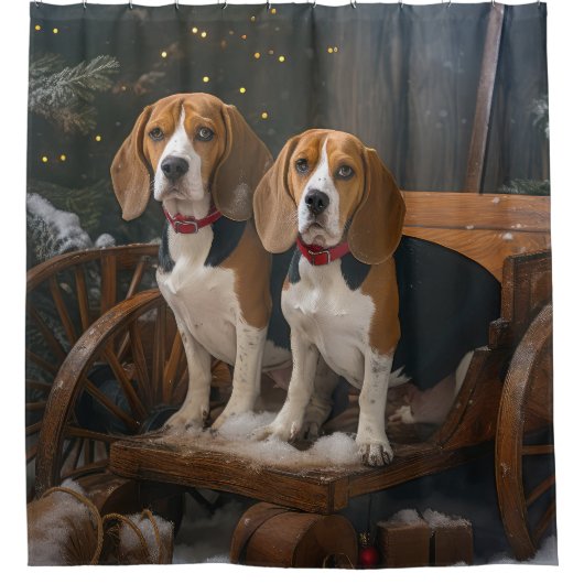 Beagle Snowy Sleigh Kerstmisdecor Douchegordijn (Voorkant)