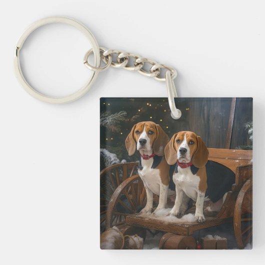 Beagle Snowy Sleigh Kerstmisdecor Sleutelhanger (Voorkant)