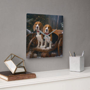 Beagle Snowy Sleigh Kerstmisdecor Vierkante Klok