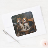 Beagle Snowy Sleigh Kerstmisdecor Vierkante Sticker (Envelop)