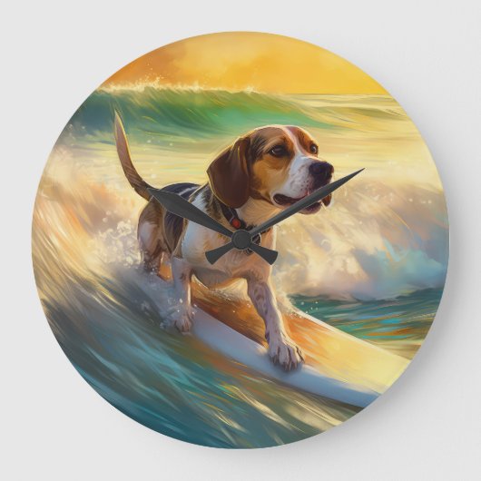 Beagle strand surfen schilderij grote klok (Voorkant)