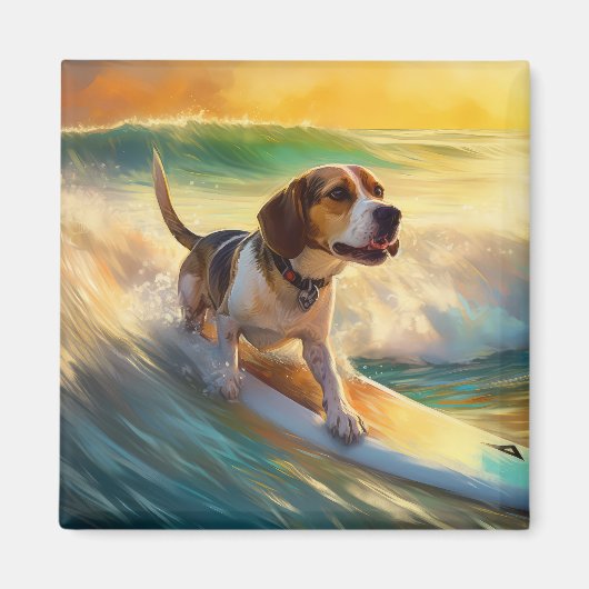 Beagle strand surfen schilderij magneet (Voorkant)
