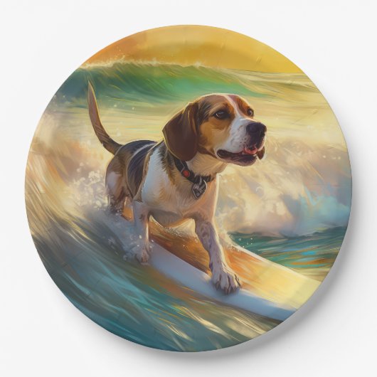 Beagle strand surfen schilderij papieren bordje (Voorkant)