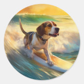 Beagle strand surfen schilderij ronde sticker (Voorkant)