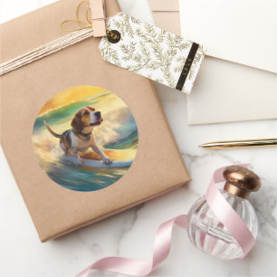 Beagle strand surfen schilderij ronde sticker