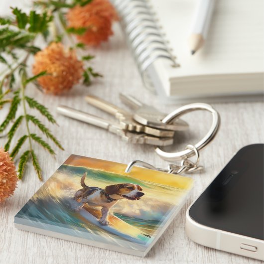 Beagle strand surfen schilderij sleutelhanger (Voorkant Rechts)
