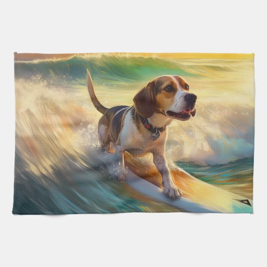 Beagle strand surfen schilderij theedoek (Horizontaal)