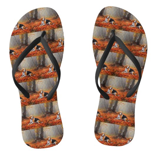 Beagle tussen herfstbladeren inspireert teenslippers (Voetbed)