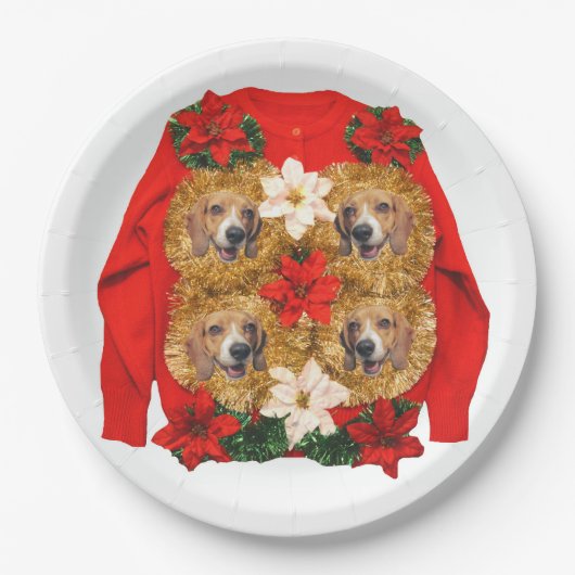 Beagle Ugly KerstSweater Papieren Bordje (Voorkant)
