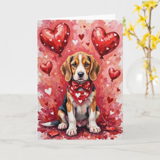 Beagle Valentine’s Day Dog with Hearts Red Kaart (Gele Bloem)