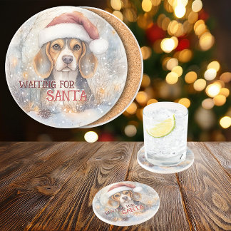 Beagle wacht op Kerstman Waterverf Zandsteen Onderzetter