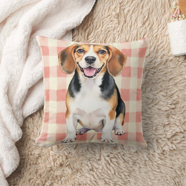 Beagle-waterverf Gingham-patroon Kunst Kussen (Deken)