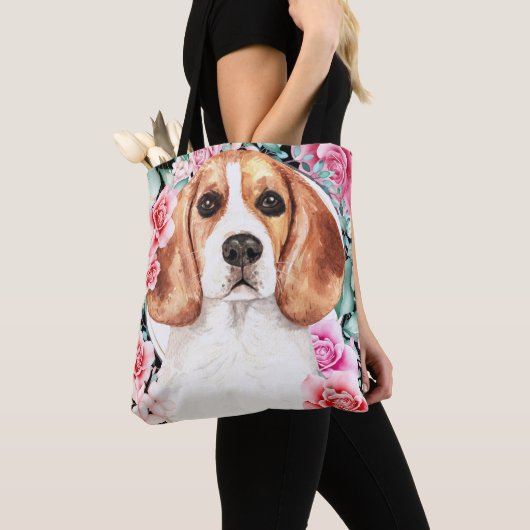 Beagle waterverf hond gezicht roos borstkunst tote bag (Dichtbij)