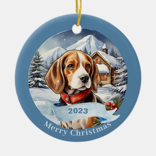 Beagle Waterverf Hondenkerst Keramisch Ornament (Voorkant)