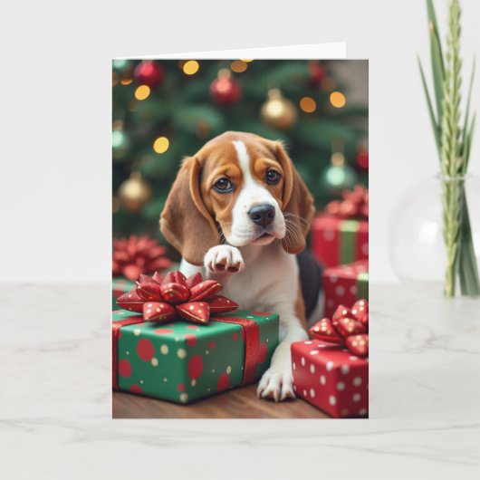 Beagle Wrapping Gifts Christmas Painting Kaart (Voorkant)
