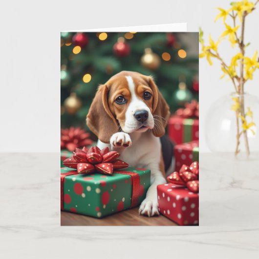 Beagle Wrapping Gifts Christmas Painting Kaart (Gele Bloem)