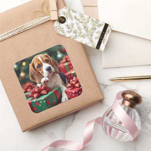 Beagle Wrapping Gifts Christmas Painting Vierkante Sticker (Geschenken)