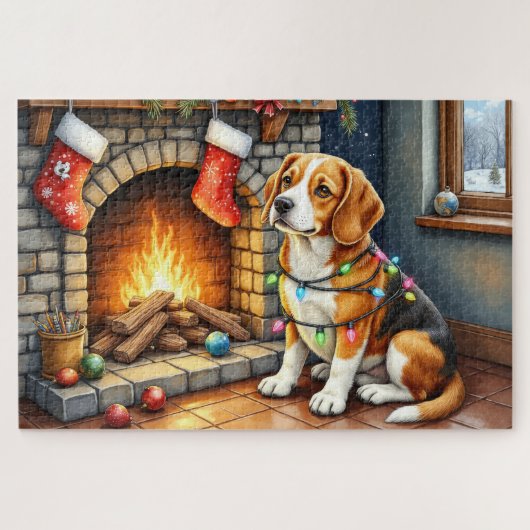 Beagle zit bij open haard met kerstverlichting legpuzzel (Horizontaal)