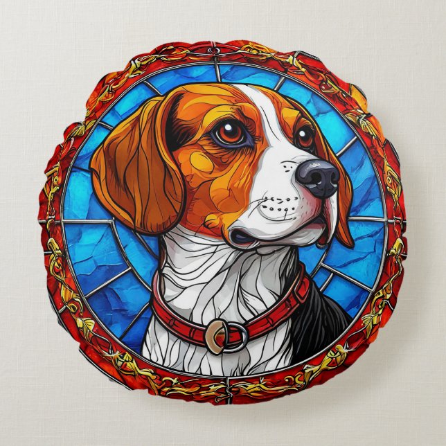 Beaglehond in levendig glas-in-loodkunst rond kussen (Voorkant)