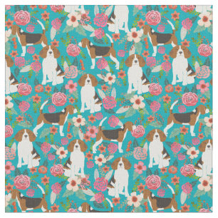 Beagles Flowers Fabric - Turquoise Stof