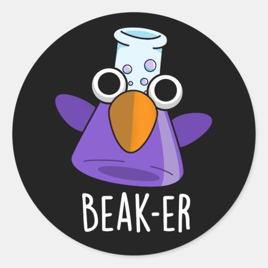Beak-er Funny Chemistry Pun Dark BG Ronde Sticker (Voorkant)