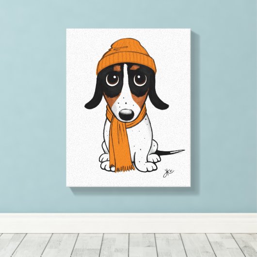 Beanie Dog | Schattige Piebald Dachshund Canvas Afdruk (Insitu (Houten vloer))