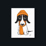 Beanie Dog | Schattige Piebald Dachshund Canvas Afdruk<br><div class="desc">Tekening in cartoon-stijl van een zwarte,  geelbruine en witte Piebald Dachshund met een oranje muts en sjaal. Een leuke canvas print voor iedereen die houdt van wiener honden. Bezoek Jenn's Doodle World voor nog leukere dierenkunst en illustraties van hondenliefhebber.</div>
