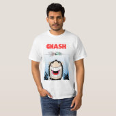 Beano Gnasher Jaws parodie op het T-shirt van man (Voorkant volledig)