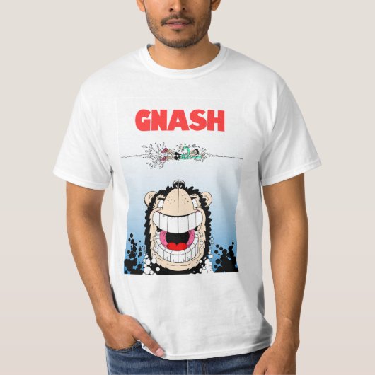 Beano Gnasher Jaws parodie op het T-shirt van man (Voorkant)