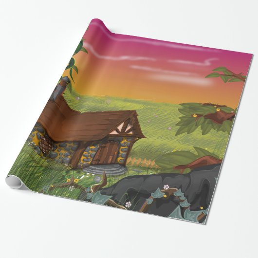 Beanstalk Cottage Cartoon Cadeaupapier (Uitgerold)