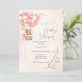 bear and balloons for a baby girl's shower kaart (Staand voorkant)