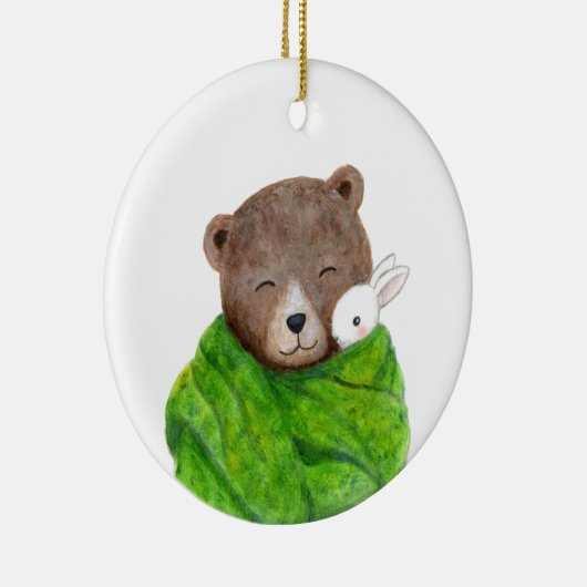Bear and Bunny in Big Green Blanket Custom Name Keramisch Ornament (Rechts)