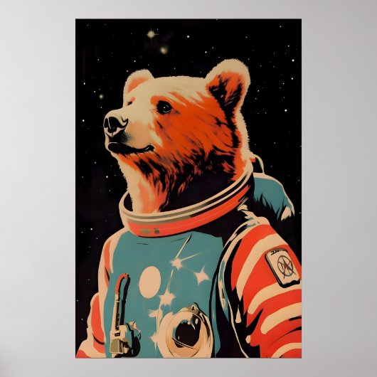 Bear Astronaut Poster, Bear Retro Print, Brown Poster (Voorkant)