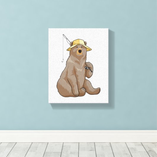 Bear at Fishing with Fishing rod Canvas Afdruk (Insitu (Houten vloer))